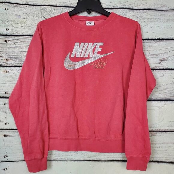 Nike Women’s Crewneck Sweatshirt Size XS Pink Pullover Glitter Silver Logo Graph - Picture 1 of 6